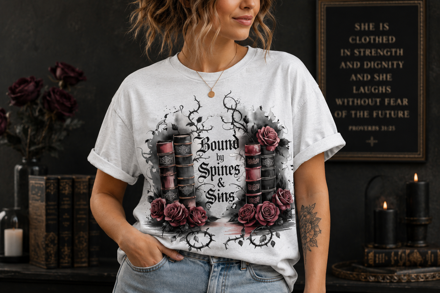 Bound by Spines & Sins Gothic Book Lover Graphic Tee