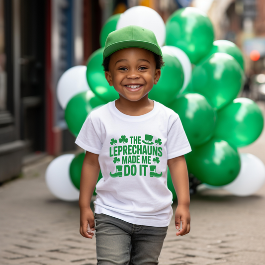 🍀🧒 The Leprechauns Made Me Do It Kids Tee 🧢💚