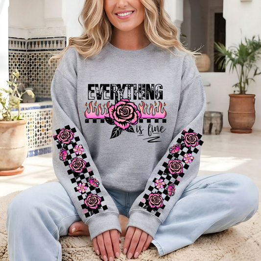 Everything Is Fine Floral Flames Sweatshirt – Aesthetic Retro Pullover 🌹🔥🖤