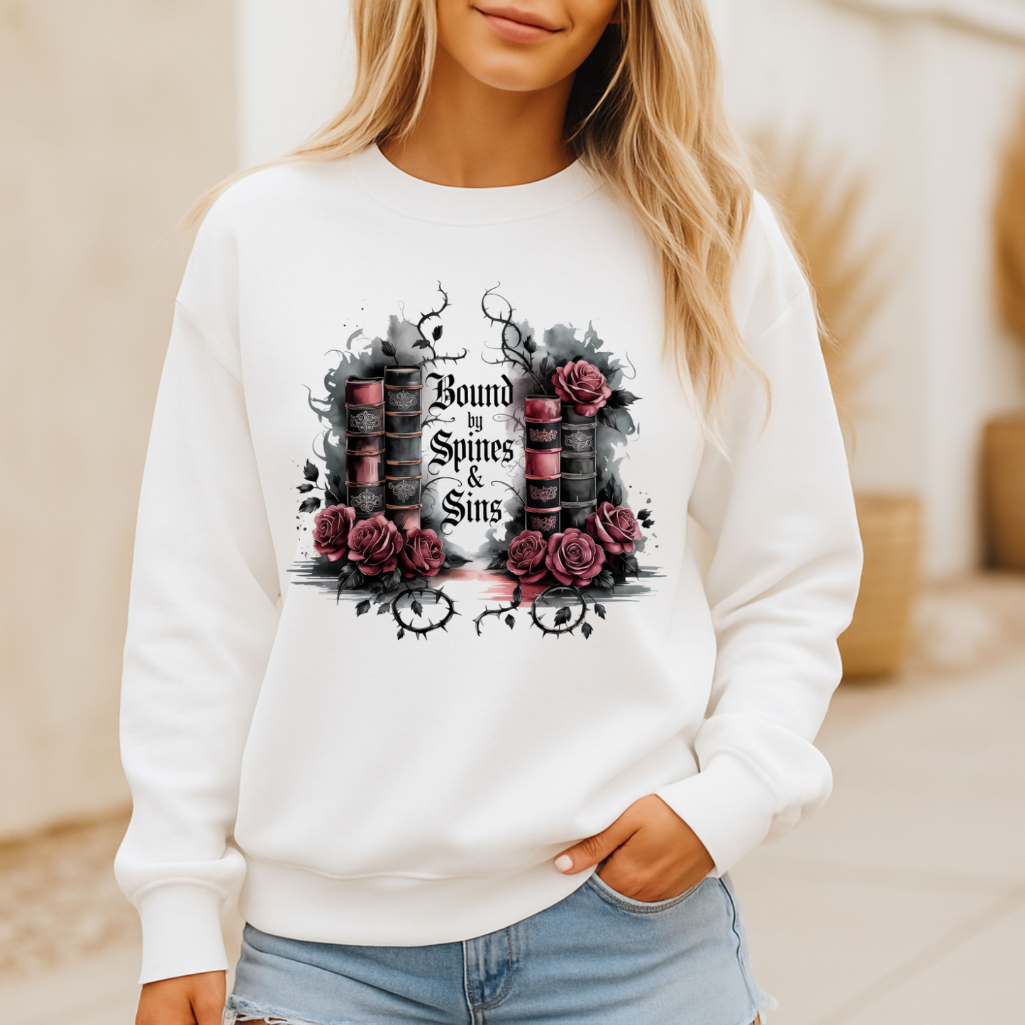 Bound by Spines & Sins Sweatshirt – Dark Romance Book Lovers Pullover 🌹📚