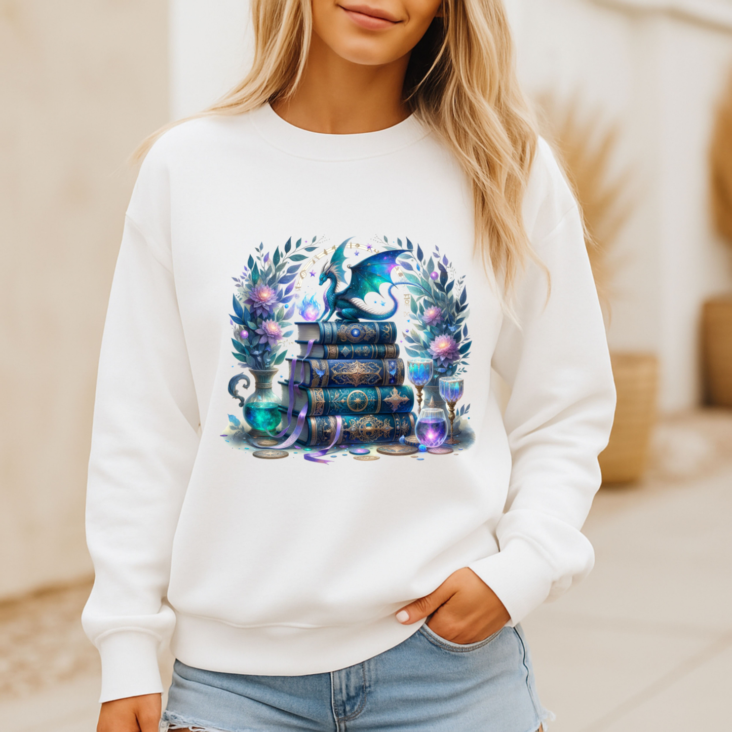 🐉 Book Dragon Crewneck Sweatshirt – Teal & Purple Edition 📚