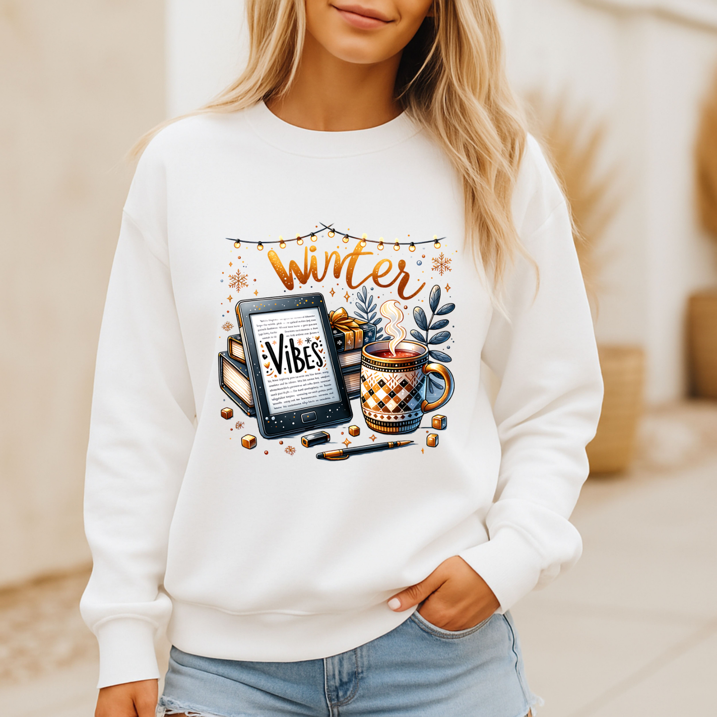Winter Vibes Sweatshirt – Cozy Book & Coffee Lovers Pullover ❄️☕📚